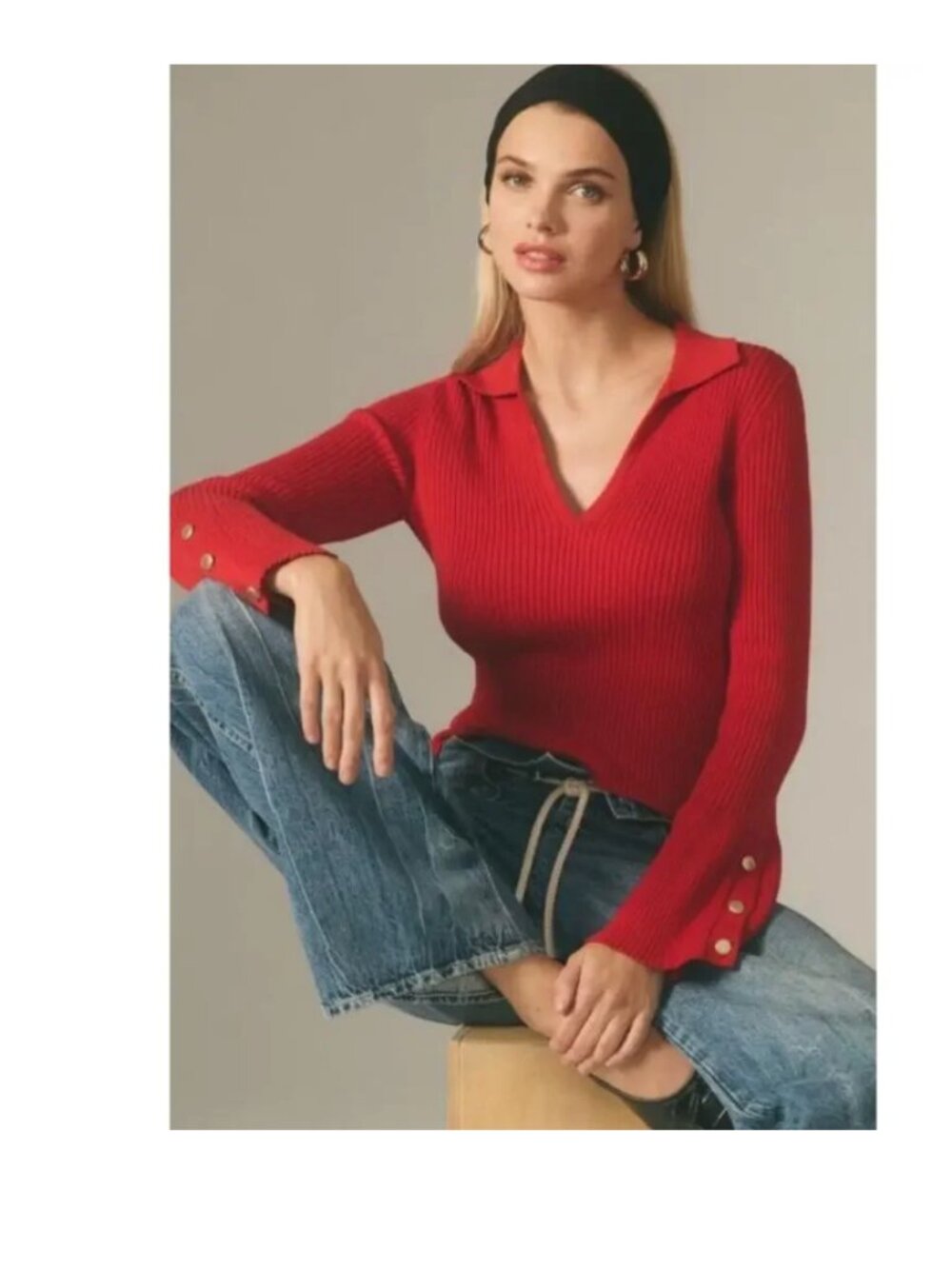 ANTHROPOLOGIE Maeve Red Polo Bell Sleeve Ribbed Sweater Top Size S